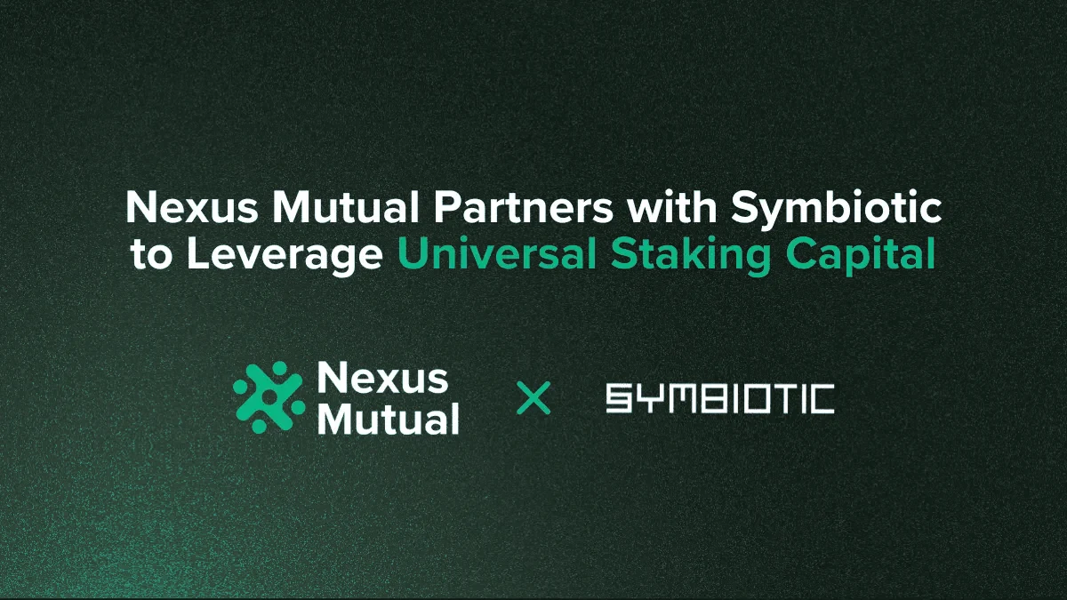 Nexus Mutual's announcement graphic: Nexus Mutual Partners with Symbiotic to Leverage Universal Staking Capital, with both logos